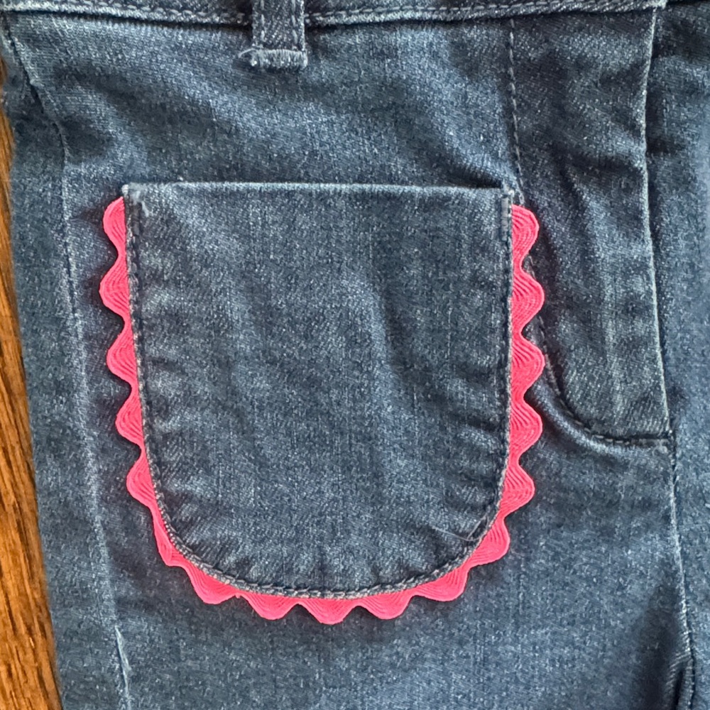 Jacadi Paris Blue Jeans with Pink Trim Ruffle Pocket Detail - Picture 8 of 15